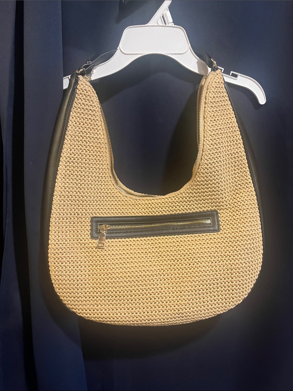 INC International Concepts Tan Woven Hobo with Black Trim